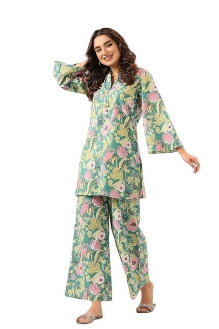 Women's Trendy Printed Cotton Blend Straight Light Green Color Kurta and Palazzo Set