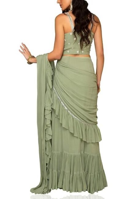 Saree Trends Women's Faux Georgette ready to wear Frill saree with unstitched blouse
